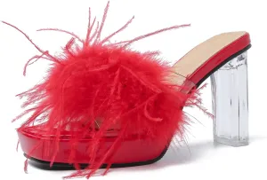 LIURUIJIA Women's Square Toe Platform Chunky Heel Slip on Sandals Feather Fuzzy Heels Mules Wedding Bridal Party Dress Shoes