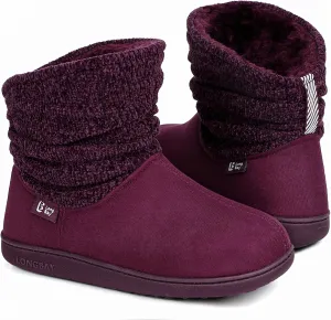 LongBay Women's Warm Chenille Knit Bootie Slippers Memory Foam Comfy Suede Fluffy Faux Fur Memory Foam Boots House Shoes