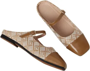 LUXINYU Retro Mules for Women Dressy Square Toe Backless Flat Mules with Strap Embroidered Satin Mary Jane Shoes