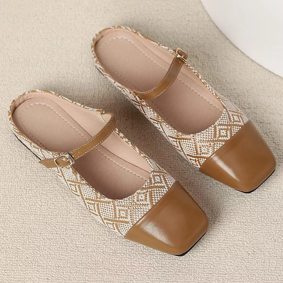 LUXINYU Retro Mules for Women Dressy Square Toe Backless Flat Mules with Strap Embroidered Satin Mary Jane Shoes