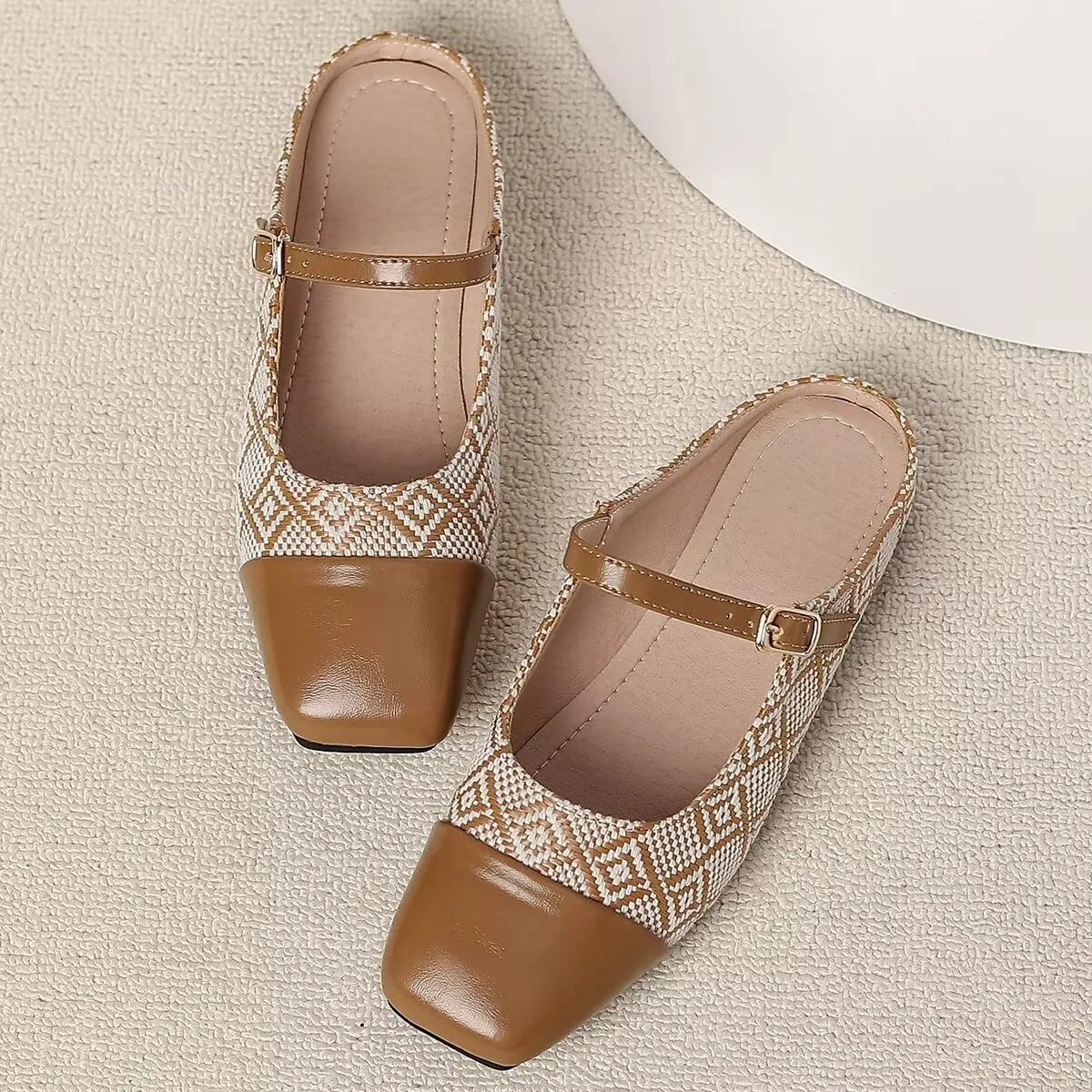 LUXINYU Retro Mules for Women Dressy Square Toe Backless Flat Mules with Strap Embroidered Satin Mary Jane Shoes