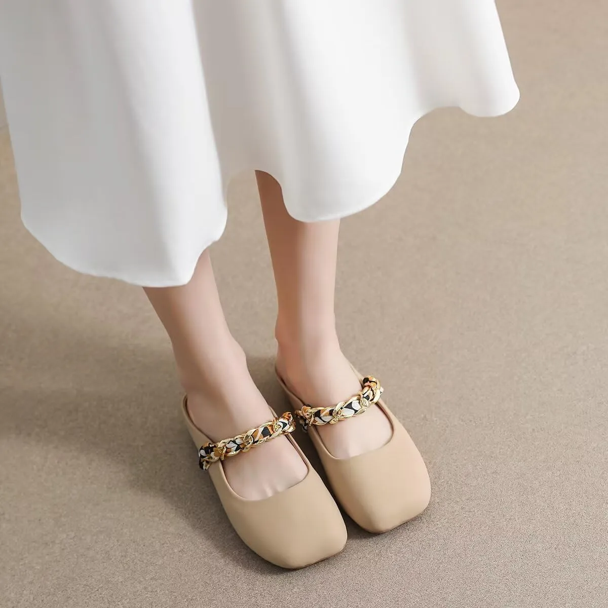 LUXINYU Women Comfortable Low Heel Mules Pearl Rhinestone Chain Strap Flats Microfiber Leather Slip On Backless Sandals Girls Lady Work Slides Loafer Shoes