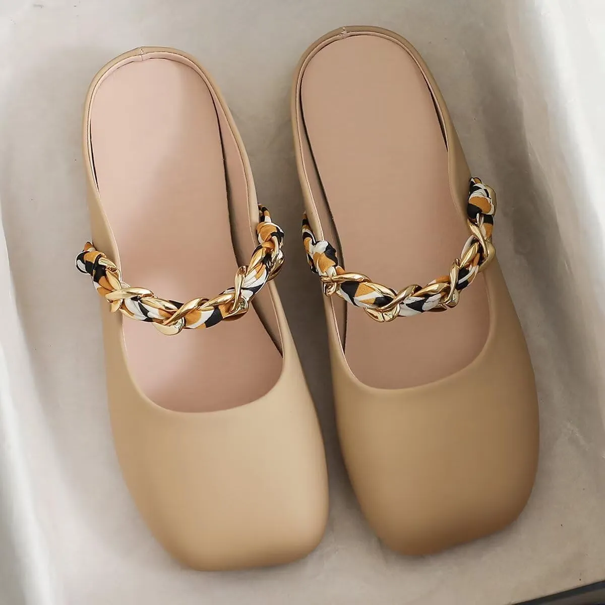 LUXINYU Women Comfortable Low Heel Mules Pearl Rhinestone Chain Strap Flats Microfiber Leather Slip On Backless Sandals Girls Lady Work Slides Loafer Shoes