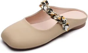 LUXINYU Women Comfortable Low Heel Mules Pearl Rhinestone Chain Strap Flats Microfiber Leather Slip On Backless Sandals Girls Lady Work Slides Loafer Shoes