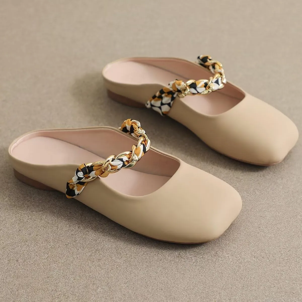 LUXINYU Women Comfortable Low Heel Mules Pearl Rhinestone Chain Strap Flats Microfiber Leather Slip On Backless Sandals Girls Lady Work Slides Loafer Shoes