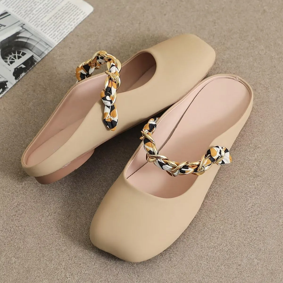 LUXINYU Women Comfortable Low Heel Mules Pearl Rhinestone Chain Strap Flats Microfiber Leather Slip On Backless Sandals Girls Lady Work Slides Loafer Shoes