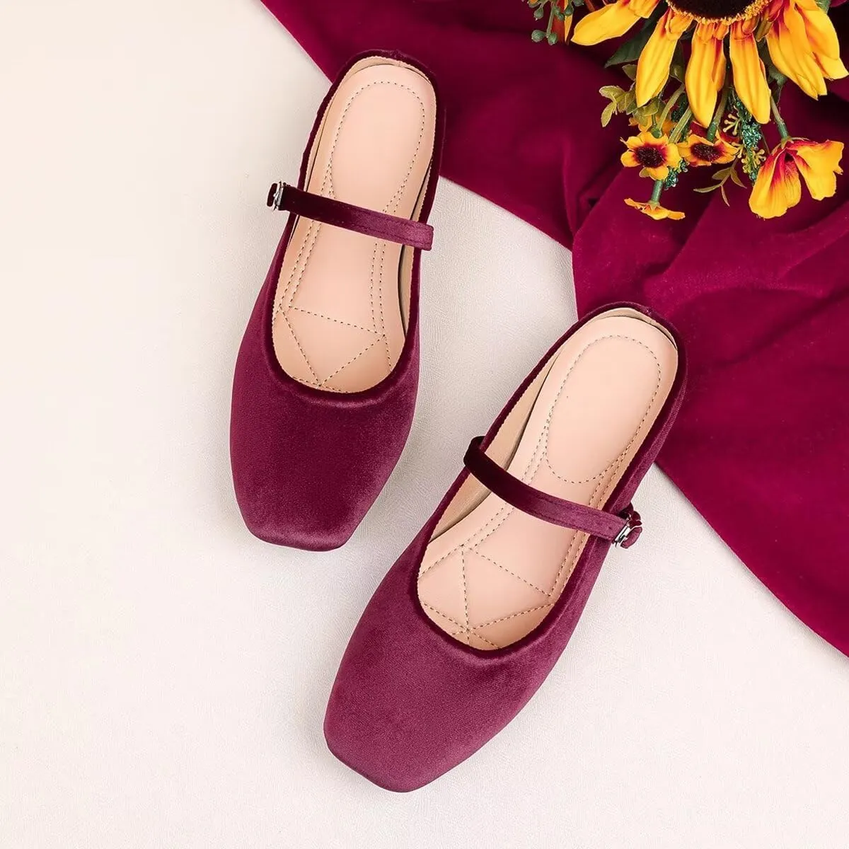 LUXINYU Women Suede Square Toe Mules Mary Jane Flats Buckle Straps Casual Prom Party Dress Shoes