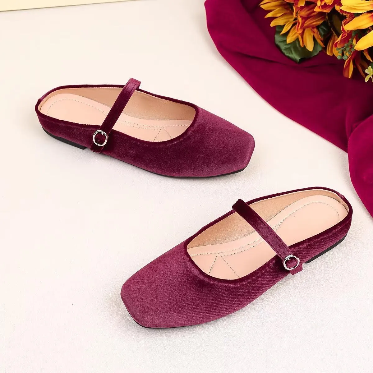 LUXINYU Women Suede Square Toe Mules Mary Jane Flats Buckle Straps Casual Prom Party Dress Shoes