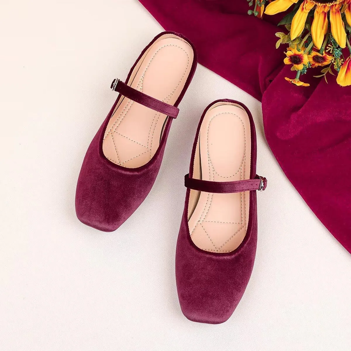 LUXINYU Women Suede Square Toe Mules Mary Jane Flats Buckle Straps Casual Prom Party Dress Shoes