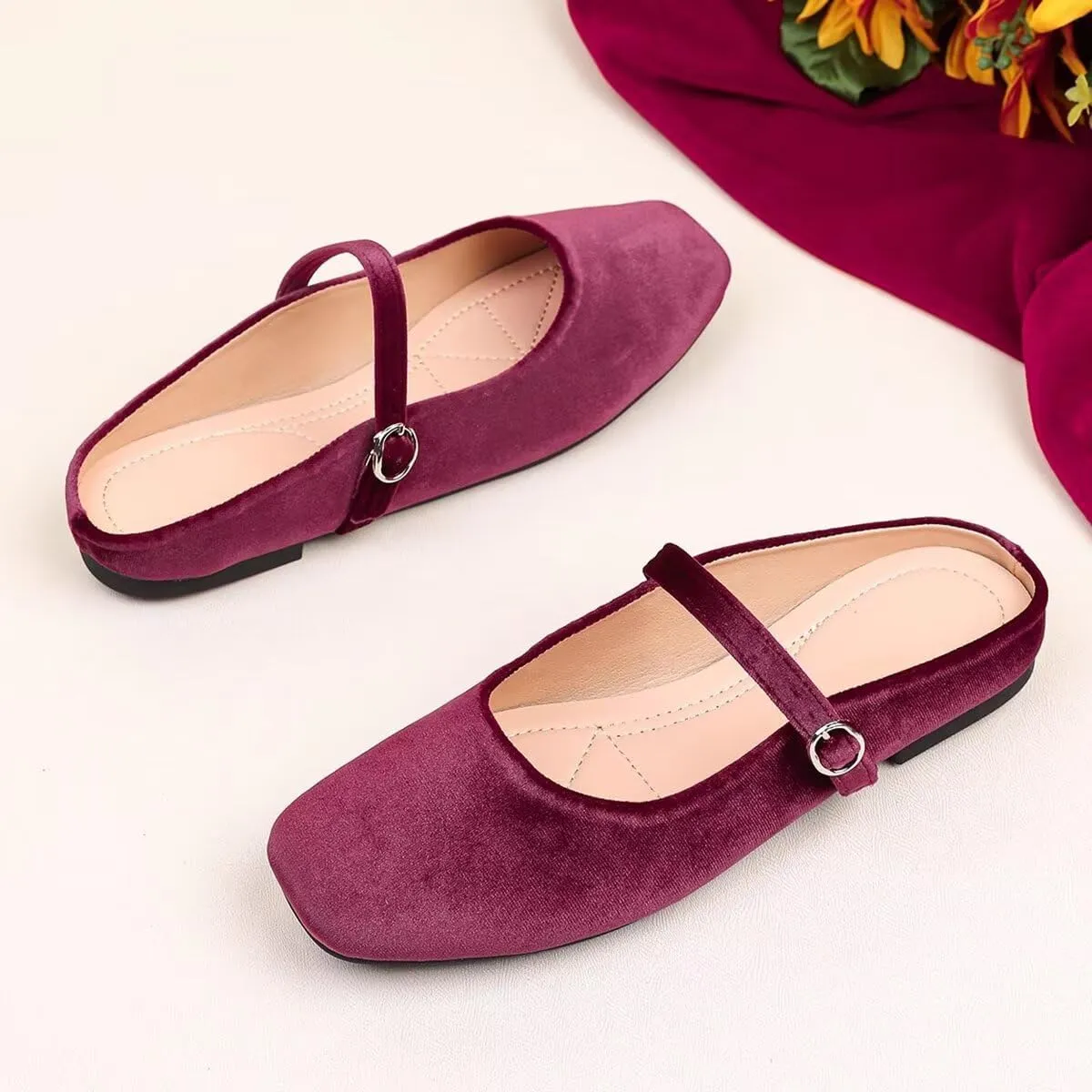 LUXINYU Women Suede Square Toe Mules Mary Jane Flats Buckle Straps Casual Prom Party Dress Shoes