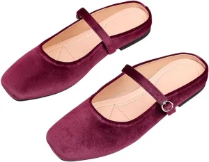LUXINYU Women Suede Square Toe Mules Mary Jane Flats Buckle Straps Casual Prom Party Dress Shoes