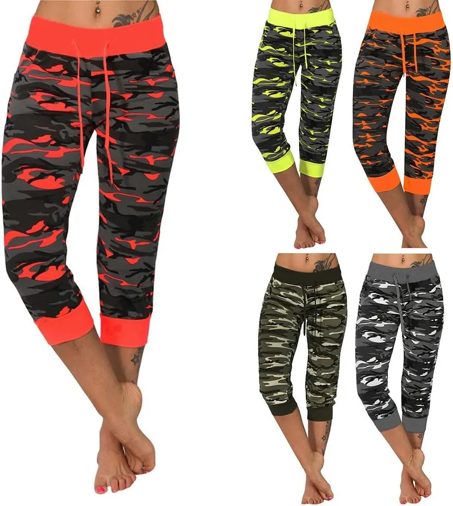 maisdgop Womens Capri Pants Pretty Camouflage Print Yoga Sweatpant Fashion Loose Drawstring Leggings Casual Cropped Leg Pant