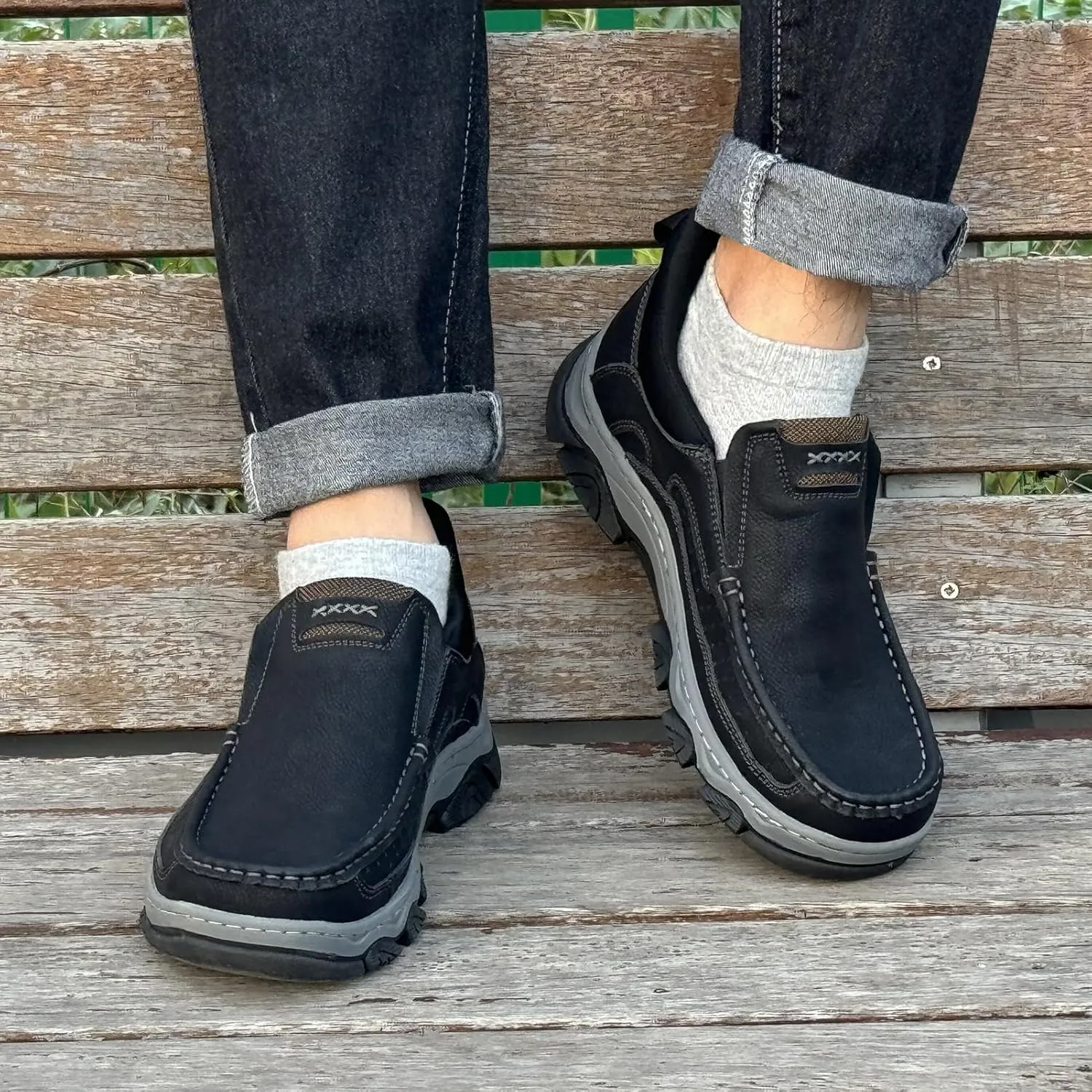 Mens Hands Free Slip On Leather Walking Outdoor Slip-Ins Loafers Work Hiking Causal Shoes