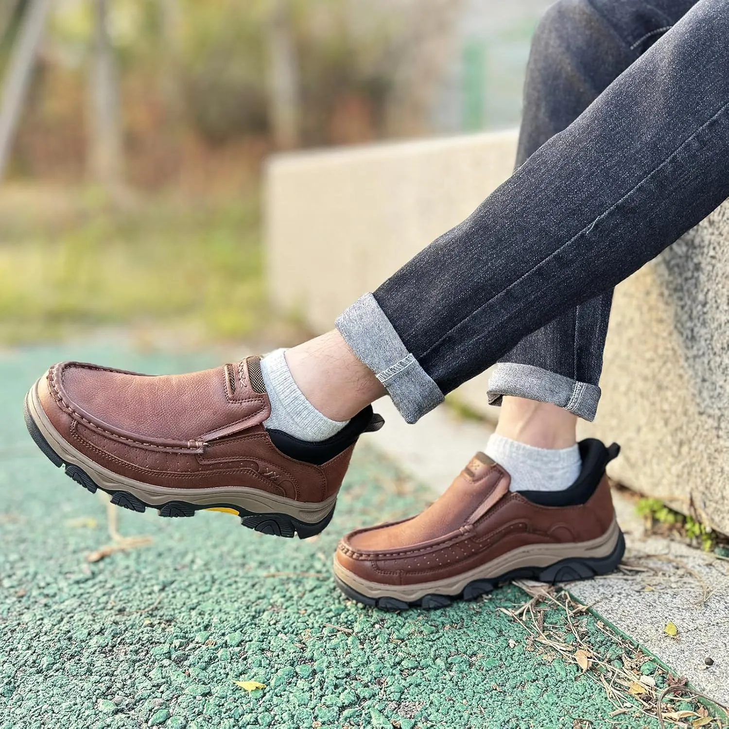 Mens Hands Free Slip On Leather Walking Outdoor Slip-Ins Loafers Work Hiking Causal Shoes
