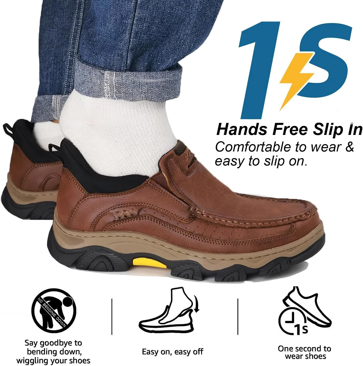 Mens Hands Free Slip On Leather Walking Outdoor Slip-Ins Loafers Work Hiking Causal Shoes