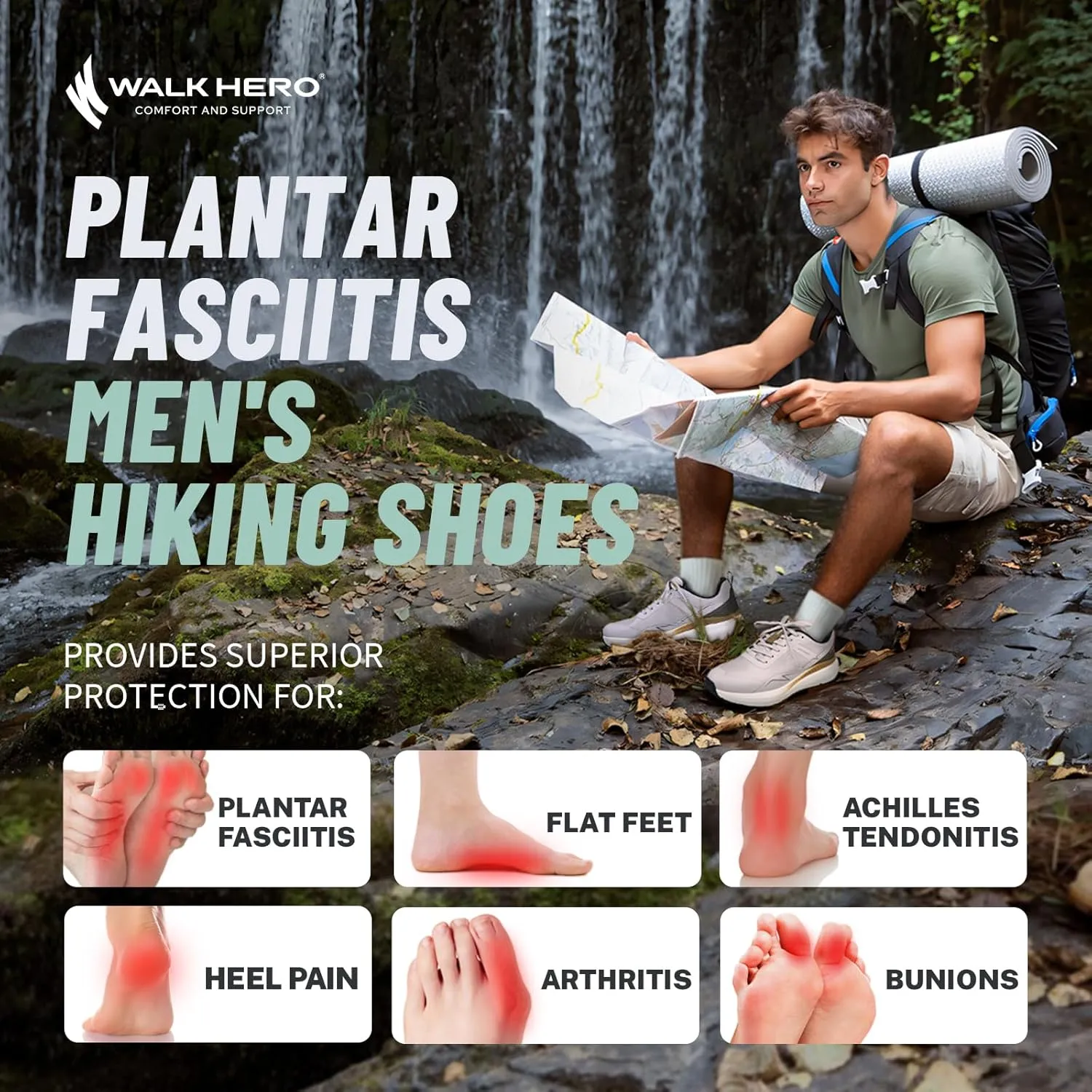 Mens Hiking Shoes for Plantar Fasciitis, Orthopedic Walking Shoes with Arch Support, Lightweight Waterproof Sneakers Wide Toe Box Shoes for Foot & Heel Pain Relief