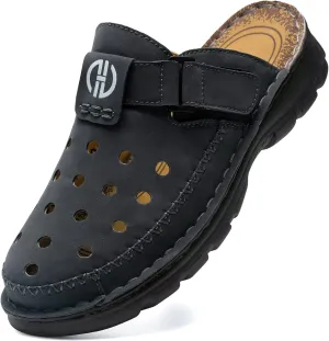 Mens Leather Clogs Mules Summer Slip-on Casual Sandals Soft Leather Thick Sole