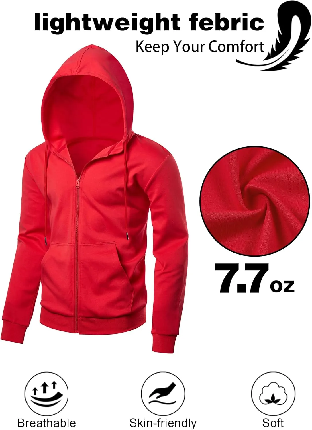 Men's Lightweight Zip Up Hoodie Long Sleeve Sweatshirt Athletic Slim Fit Basic Jacket with Pockets(Regular & Tall)