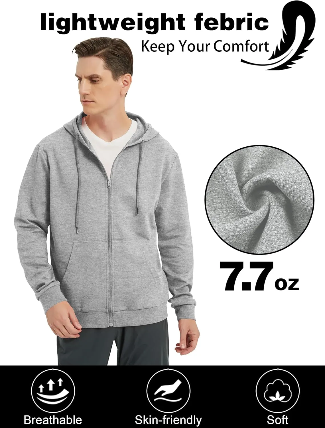 Men's Lightweight Zip Up Hoodie Long Sleeve Sweatshirt Athletic Slim Fit Basic Jacket with Pockets(Regular & Tall)