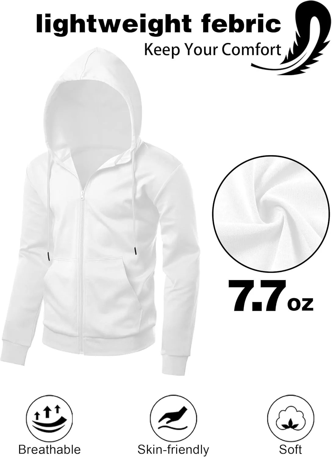 Men's Lightweight Zip Up Hoodie Long Sleeve Sweatshirt Athletic Slim Fit Basic Jacket with Pockets(Regular & Tall)