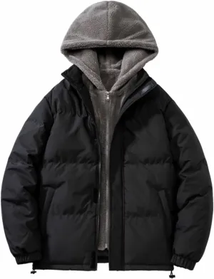 Mens Winter Jacket Thicken Down Jacket Full Zip Puffer Jacket Quilted Insulated Jacket with Hood for Travel