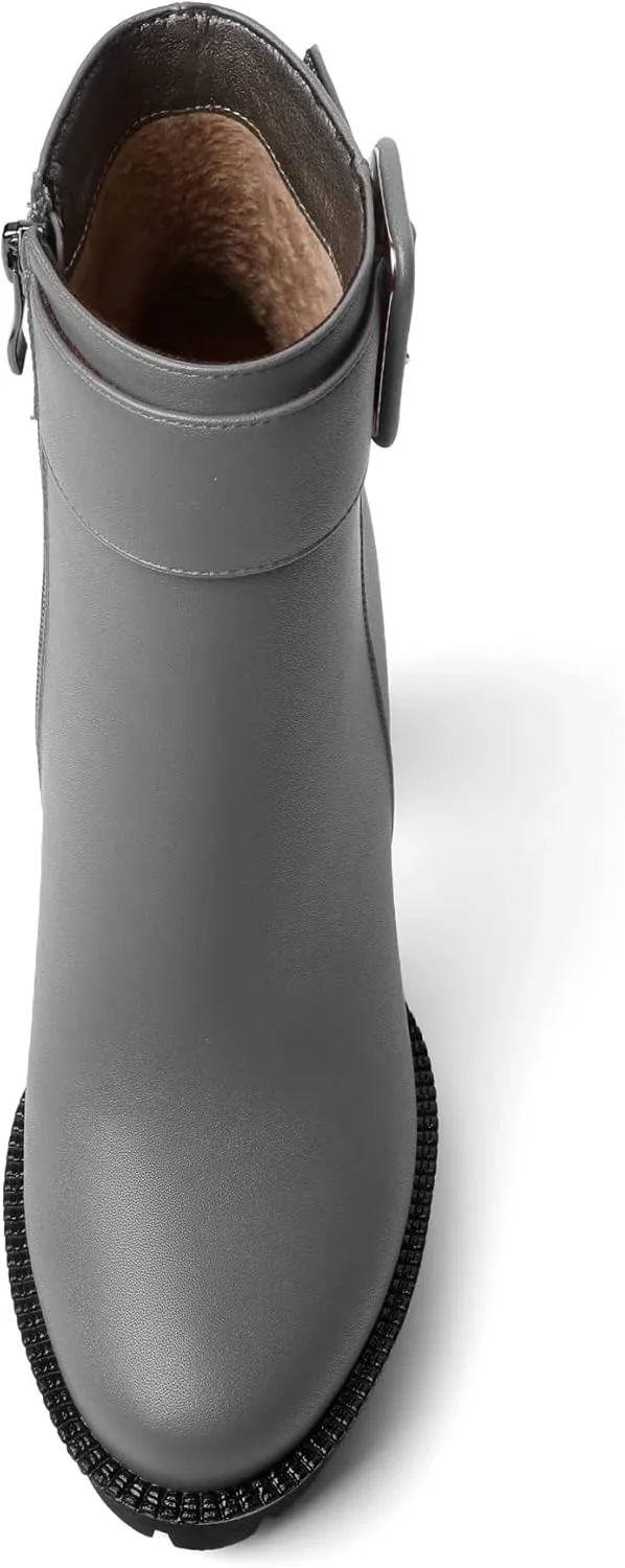 Mettesally Womens Platform Buckle Ankle Boots Round Toe Chunky Block High Heels Side Zipper Short Boots Office Winter Shoes