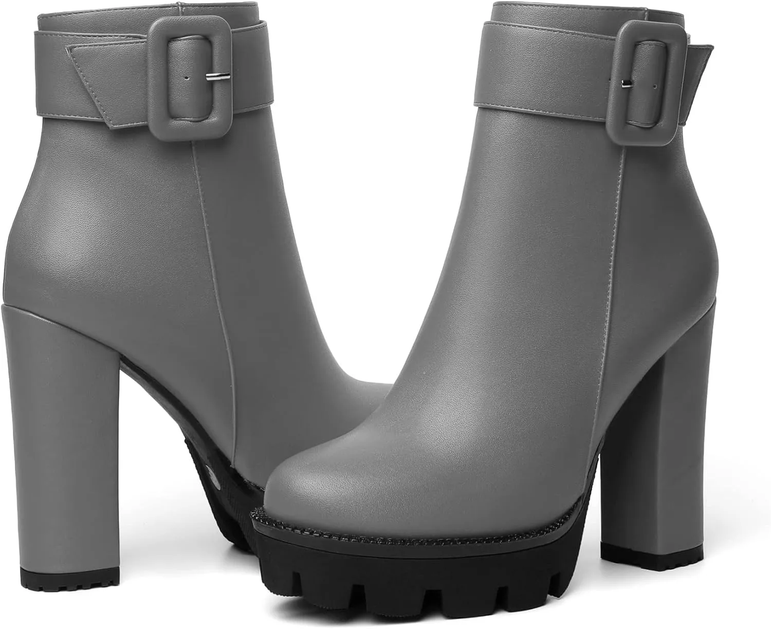 Mettesally Womens Platform Buckle Ankle Boots Round Toe Chunky Block High Heels Side Zipper Short Boots Office Winter Shoes