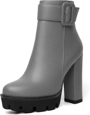Mettesally Womens Platform Buckle Ankle Boots Round Toe Chunky Block High Heels Side Zipper Short Boots Office Winter Shoes