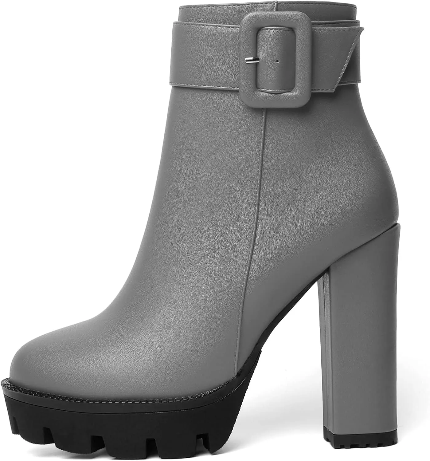 Mettesally Womens Platform Buckle Ankle Boots Round Toe Chunky Block High Heels Side Zipper Short Boots Office Winter Shoes
