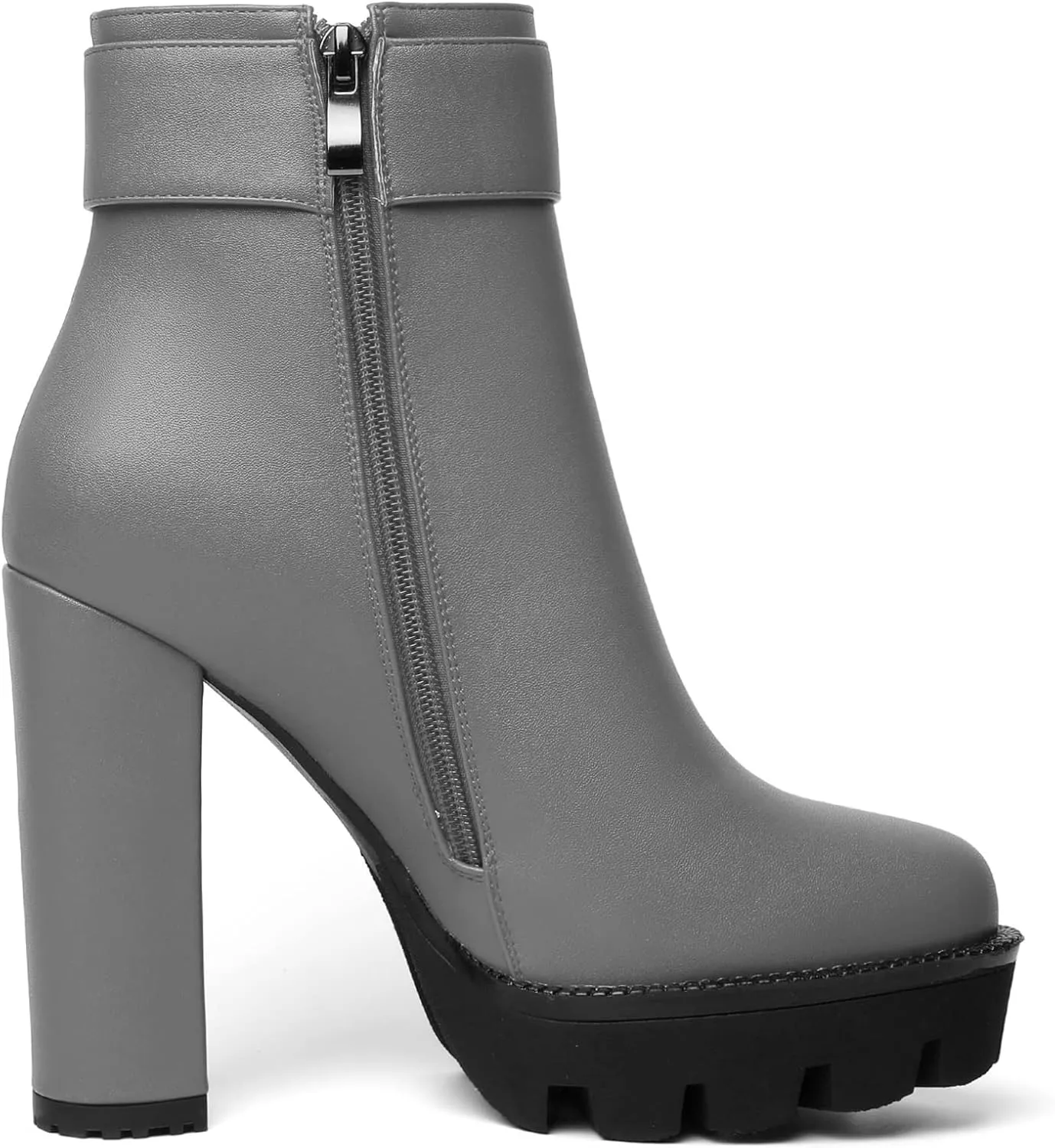 Mettesally Womens Platform Buckle Ankle Boots Round Toe Chunky Block High Heels Side Zipper Short Boots Office Winter Shoes