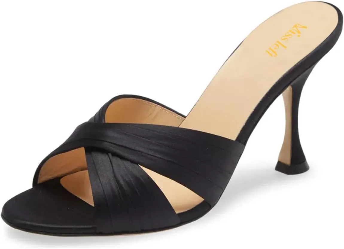 miss left Women Crisscross Straps Open Round Toe Mules Sandals Slip On High Slim Heel Slippers Comfy Shopping Walking Shoes Size 4-16 US