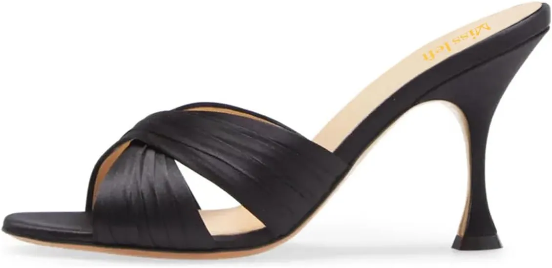 miss left Women Crisscross Straps Open Round Toe Mules Sandals Slip On High Slim Heel Slippers Comfy Shopping Walking Shoes Size 4-16 US