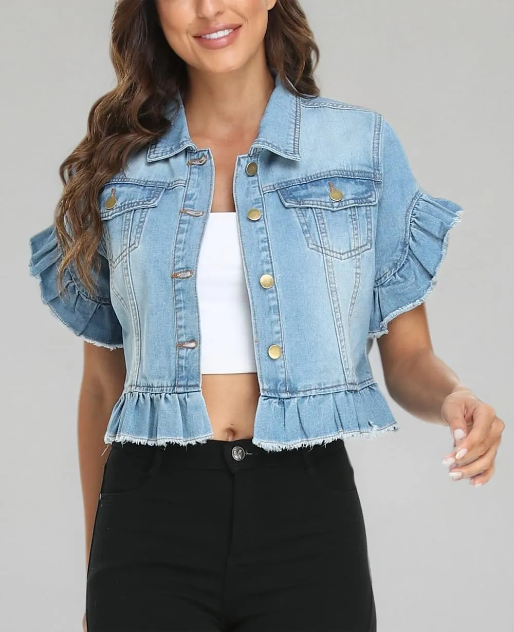 MISS MOLY Women's Denim Jacket Ruffle Sleeve Button Down Distressed Summer Cropped Jean Jackets