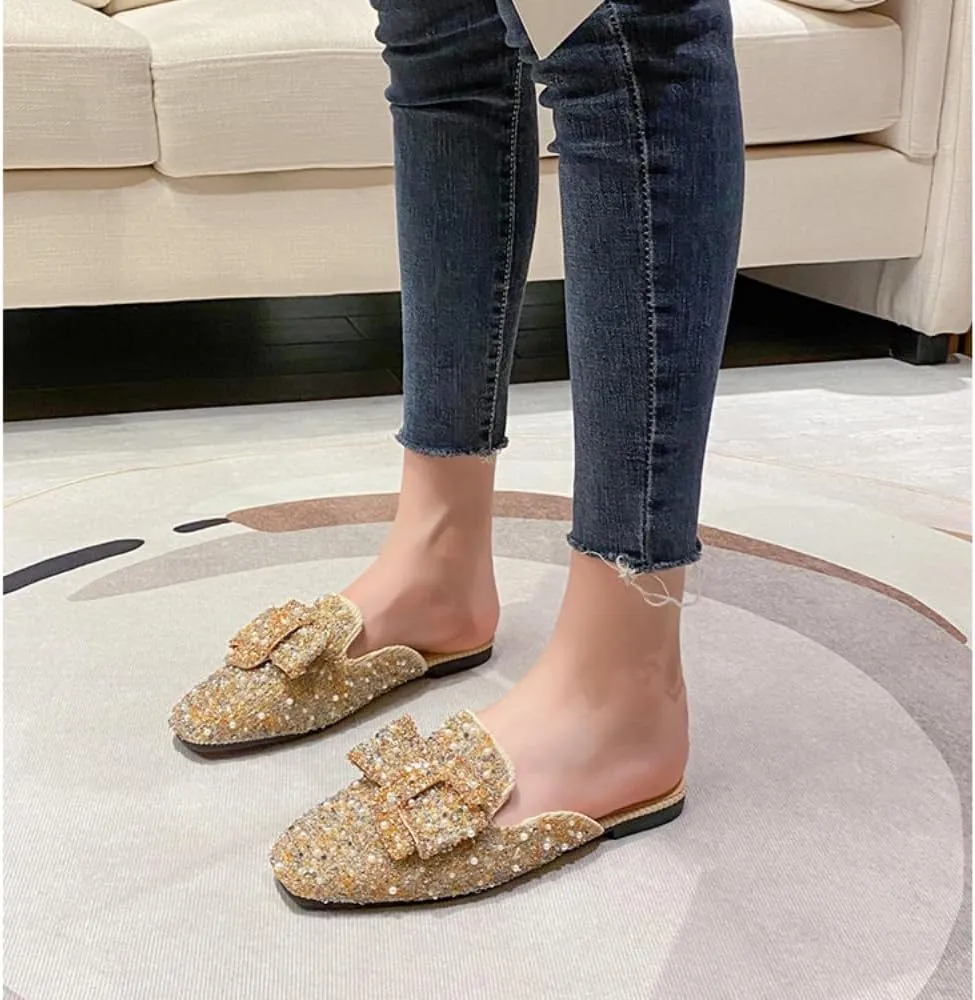 Mules for Women Crystal Rhinestone Mules Flashy Round Toe Flats Business Casual Party Office Comfort Shoes