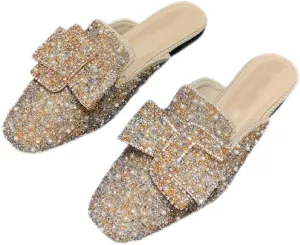 Mules for Women Crystal Rhinestone Mules Flashy Round Toe Flats Business Casual Party Office Comfort Shoes