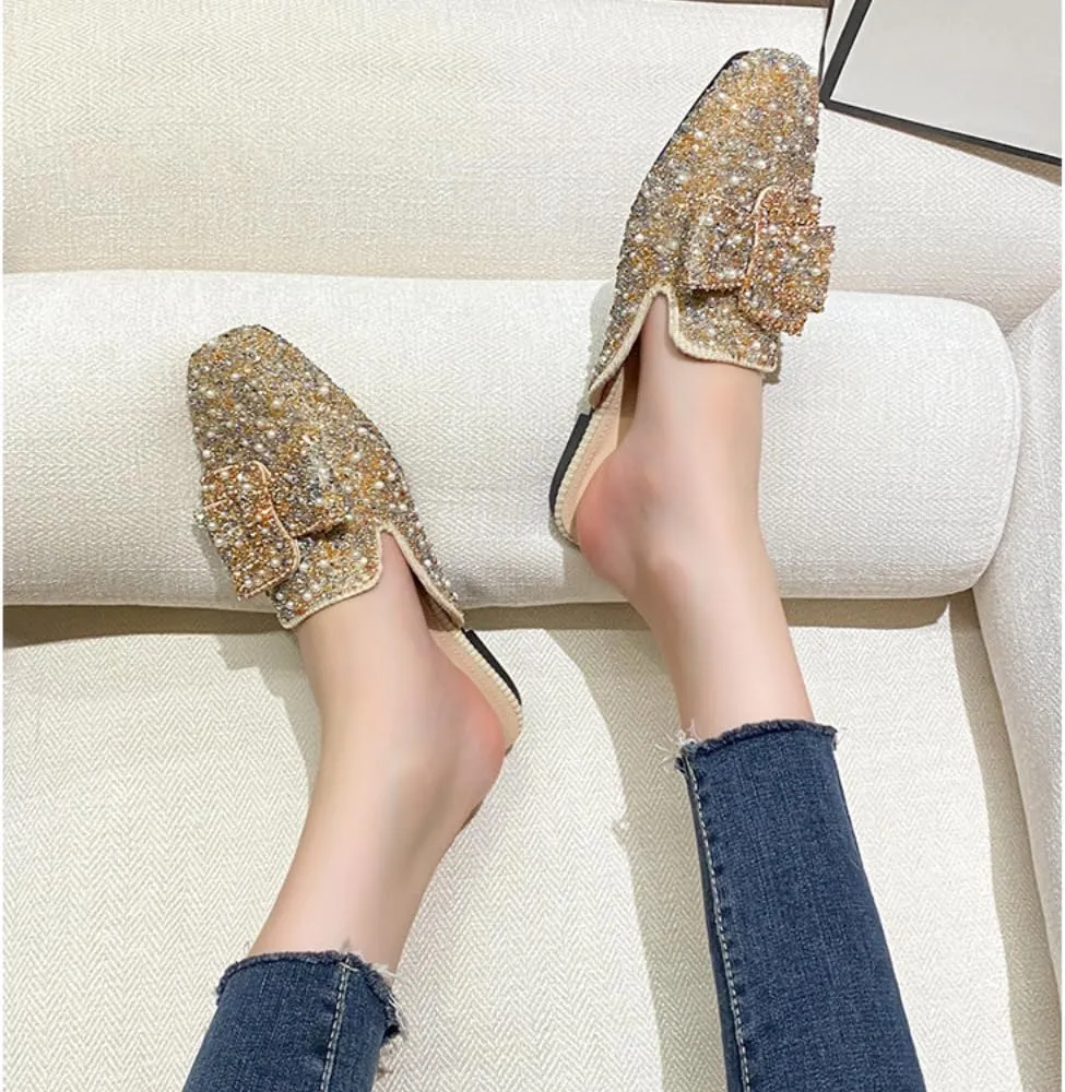 Mules for Women Crystal Rhinestone Mules Flashy Round Toe Flats Business Casual Party Office Comfort Shoes