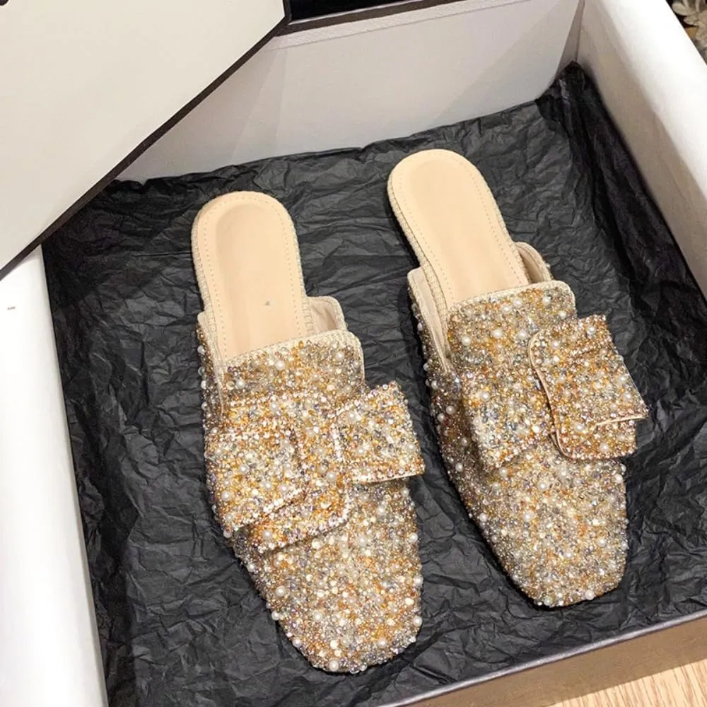 Mules for Women Crystal Rhinestone Mules Flashy Round Toe Flats Business Casual Party Office Comfort Shoes