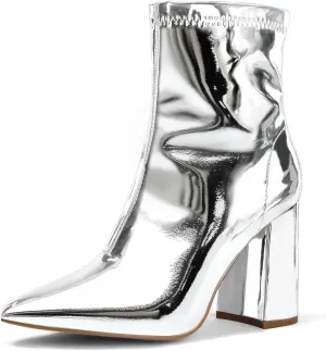 mysoft Women's GoGo Boots Mid Calf Block Heel Ankle Boots Pointed Toe Patent Leather Side Zipper Booties