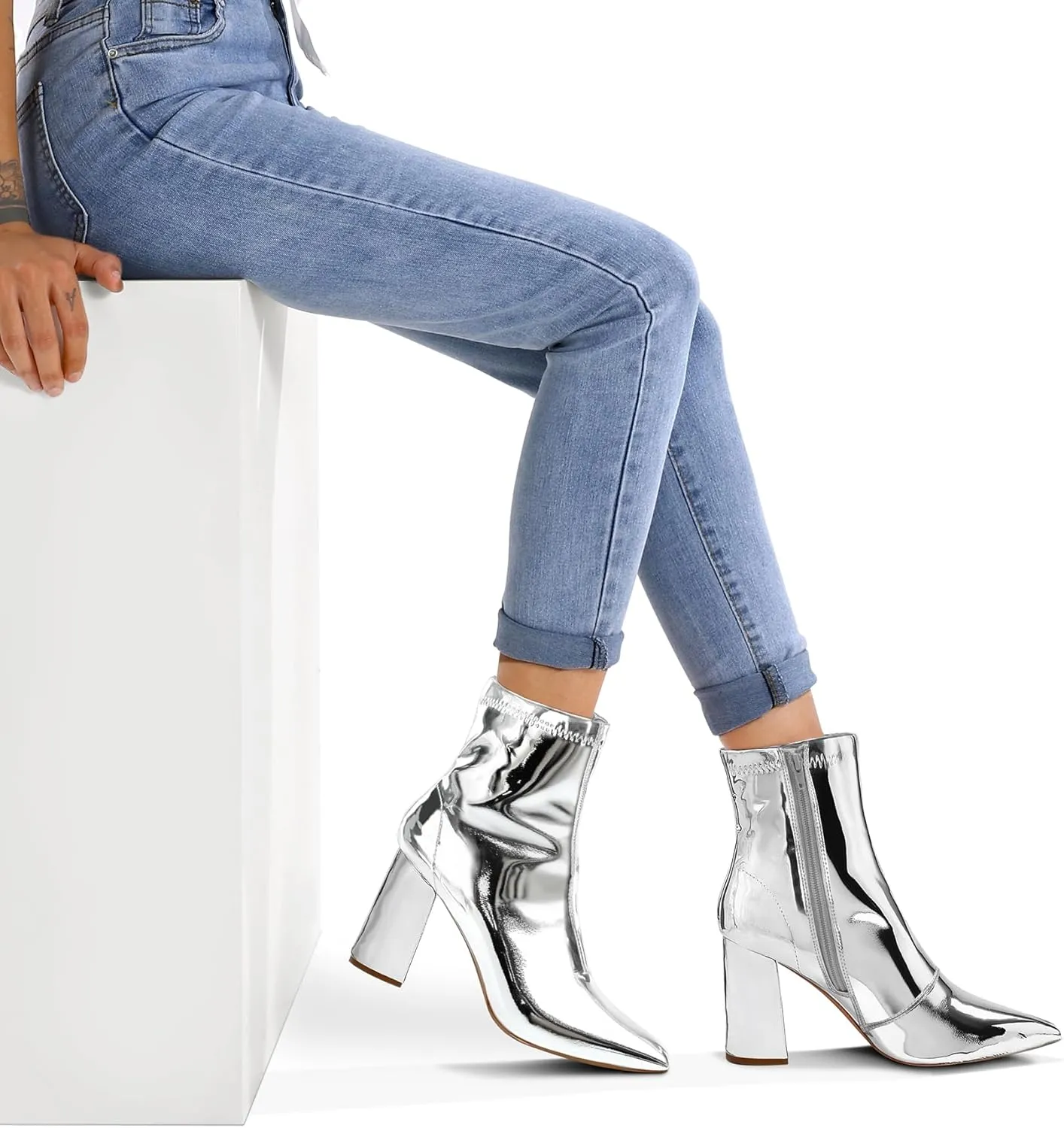 mysoft Women's GoGo Boots Mid Calf Block Heel Ankle Boots Pointed Toe Patent Leather Side Zipper Booties