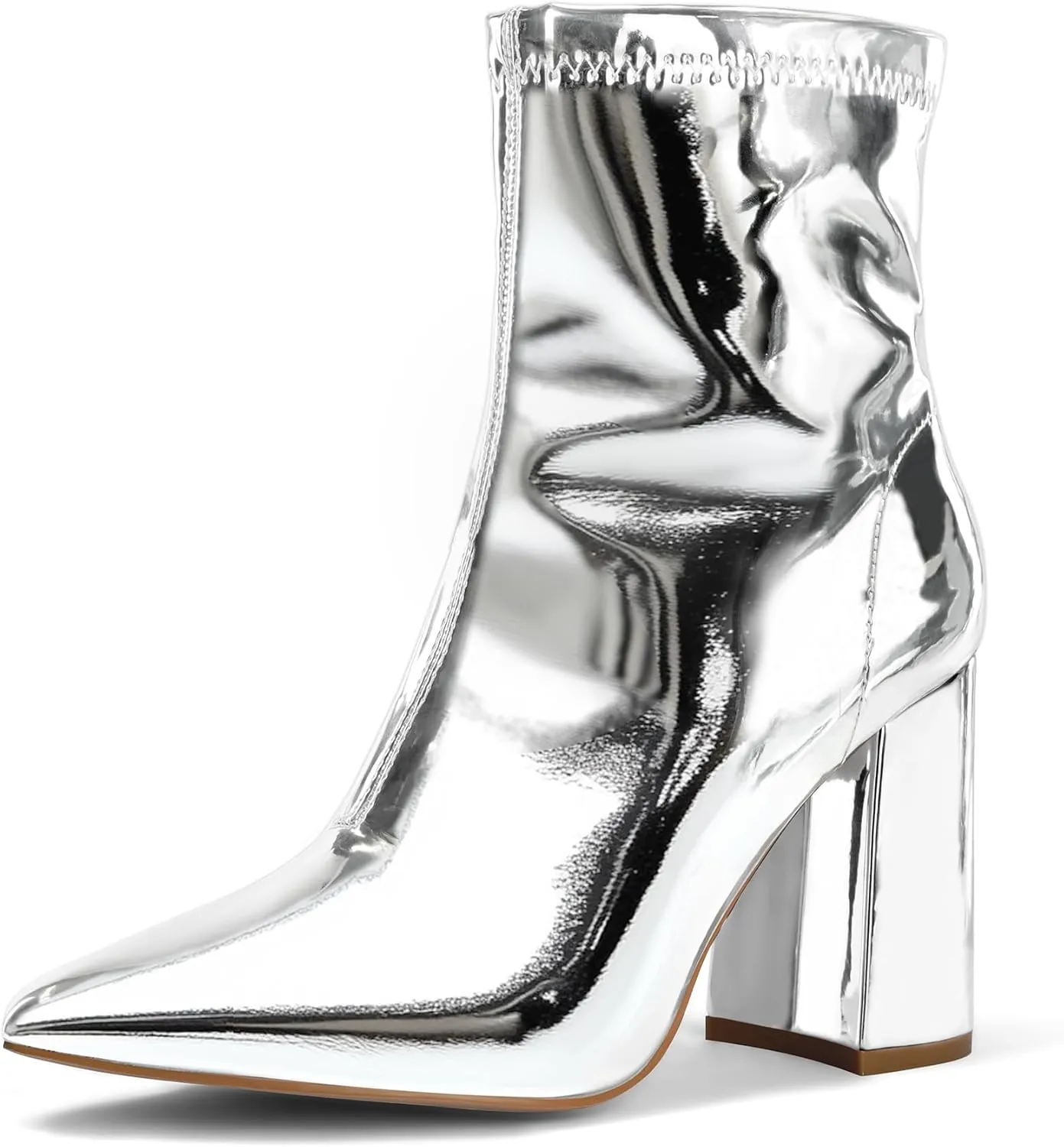mysoft Women's GoGo Boots Mid Calf Block Heel Ankle Boots Pointed Toe Patent Leather Side Zipper Booties