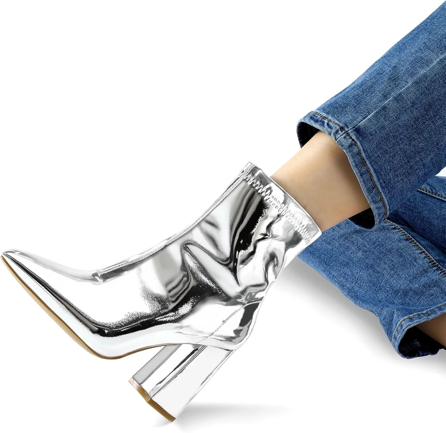 mysoft Women's GoGo Boots Mid Calf Block Heel Ankle Boots Pointed Toe Patent Leather Side Zipper Booties