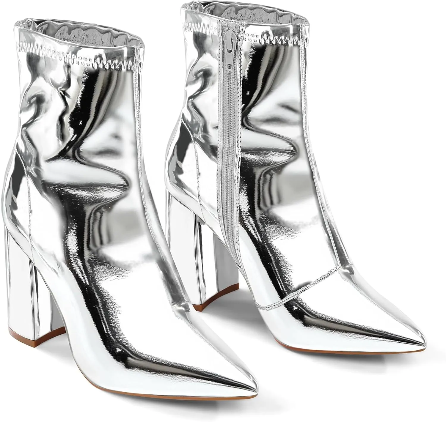 mysoft Women's GoGo Boots Mid Calf Block Heel Ankle Boots Pointed Toe Patent Leather Side Zipper Booties