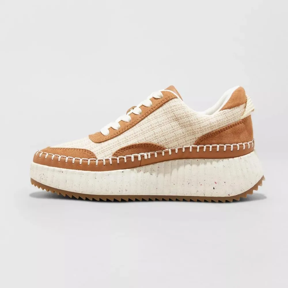 Natural Woven Lace Up Platform Sneakers for Women Low Top Stitching Classic Causal Shoes