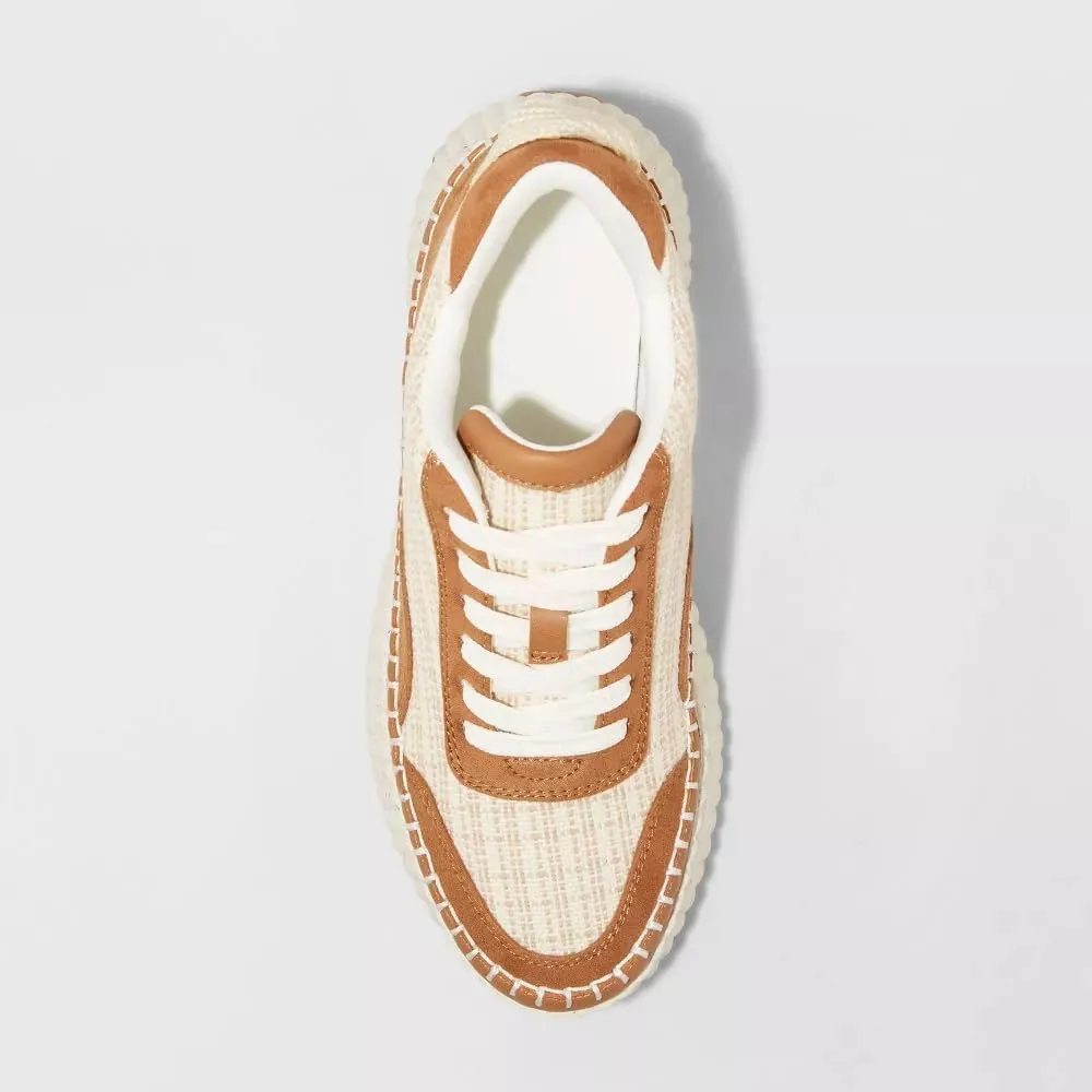 Natural Woven Lace Up Platform Sneakers for Women Low Top Stitching Classic Causal Shoes