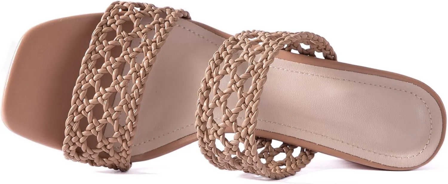 N.N.G Women Heels Sandals Braided Block Nude Summer Chunky Square Leather Woven Comfort Strappy Dress Casual Pumps Mules
