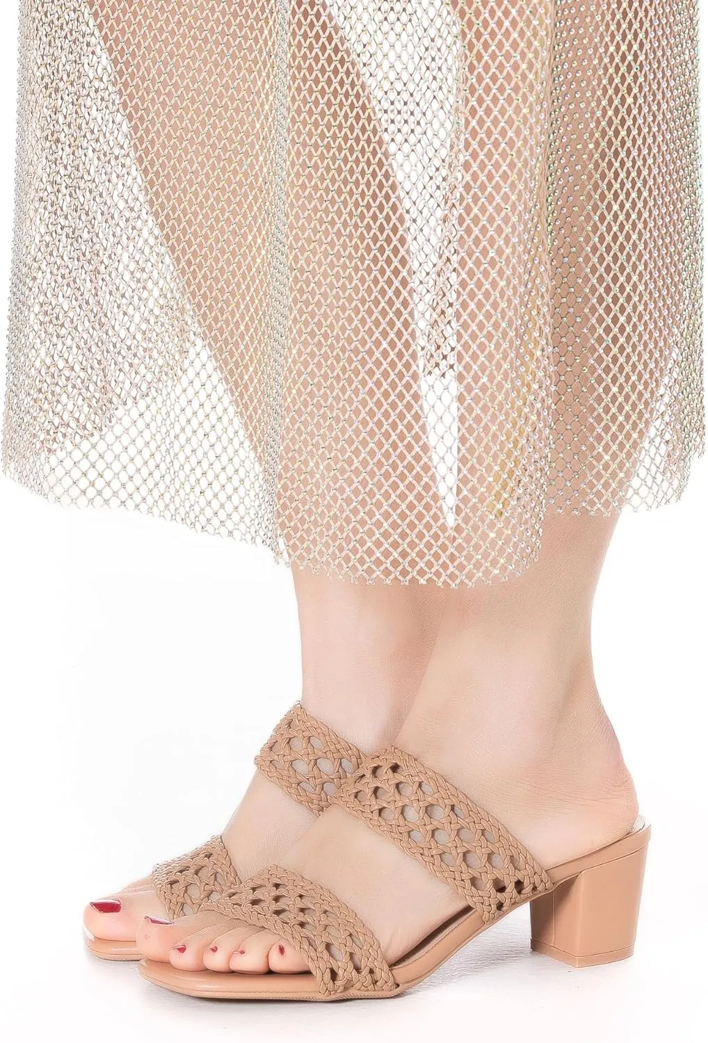 N.N.G Women Heels Sandals Braided Block Nude Summer Chunky Square Leather Woven Comfort Strappy Dress Casual Pumps Mules