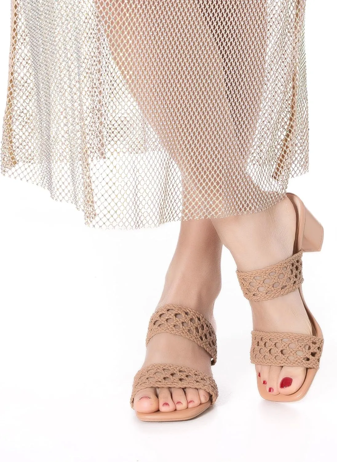 N.N.G Women Heels Sandals Braided Block Nude Summer Chunky Square Leather Woven Comfort Strappy Dress Casual Pumps Mules