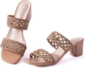 N.N.G Women Heels Sandals Braided Block Nude Summer Chunky Square Leather Woven Comfort Strappy Dress Casual Pumps Mules
