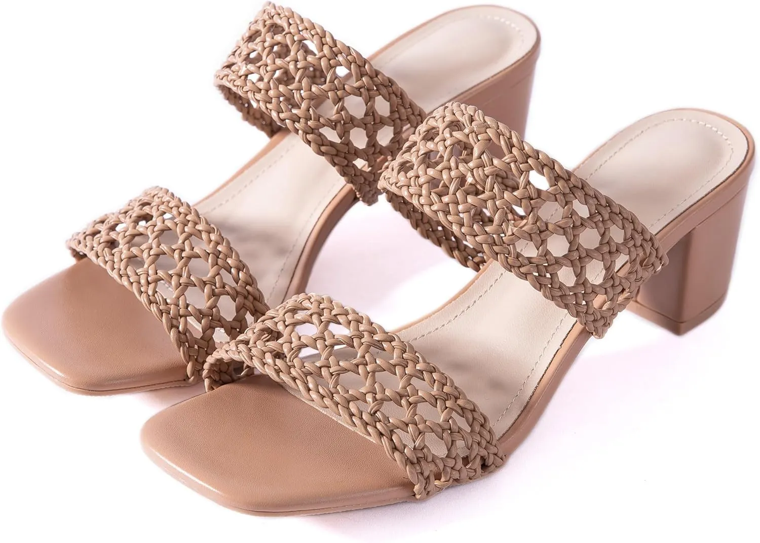 N.N.G Women Heels Sandals Braided Block Nude Summer Chunky Square Leather Woven Comfort Strappy Dress Casual Pumps Mules
