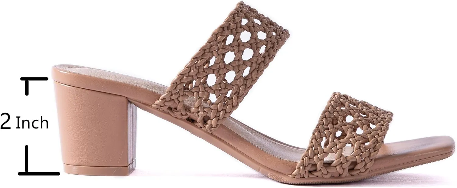 N.N.G Women Heels Sandals Braided Block Nude Summer Chunky Square Leather Woven Comfort Strappy Dress Casual Pumps Mules